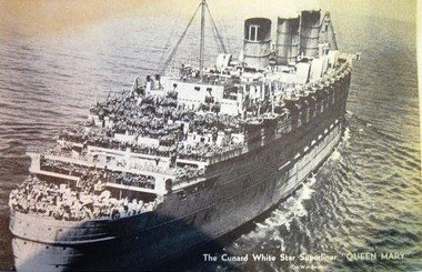 Why are we living like its peacetime? queen mary postcard reconsecrated from peacetime luxury to wartime troop transport